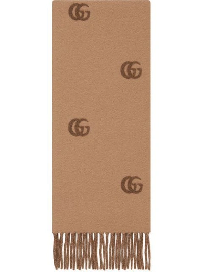 Gucci Wool Scarf With Double G Pattern In Brown