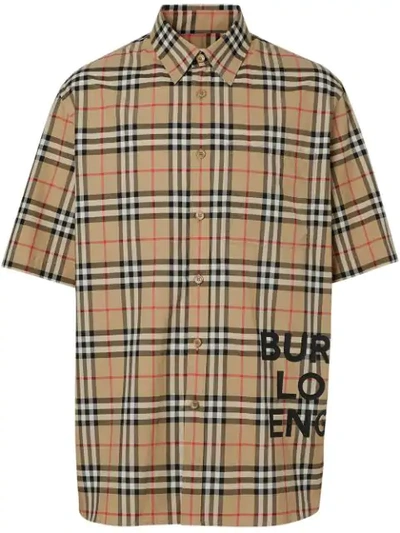 Burberry Short-sleeve Vintage Check Cotton Oversized Shirt In Neutrals