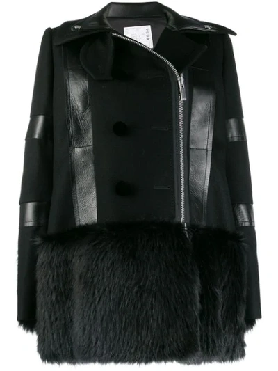 Sacai Faux Fur-trimmed Wool Coat In Black