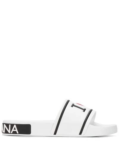 Dolce & Gabbana Logo Print Slides In White,black