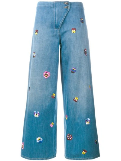 Christopher Kane Pansy-embroidered Wide-leg Jeans In Blue