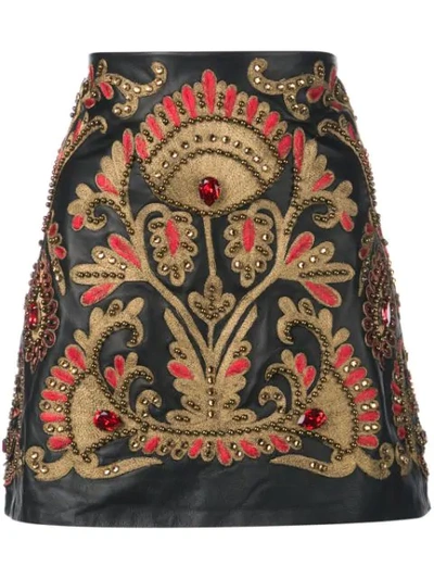 Oscar De La Renta Golden-embroidered Leather Party Skirt In Black