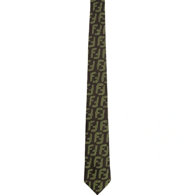 Fendi Black And Green Silk Ff Tie In F03ry Grn B