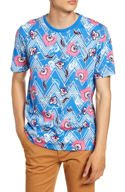 Topman Zigzag Floral Crewneck T-shirt In Blue Multi