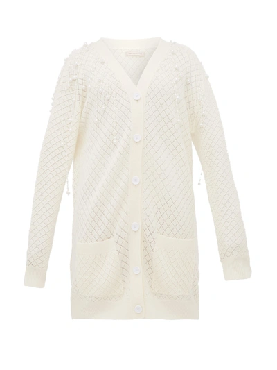 Christopher Kane Fringed Faux Pearl-embellished Wool Cardigan In White