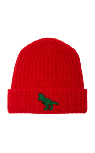 The Elder Statesman Summer Embroidered Ribbed Cashmere Beanie In Red