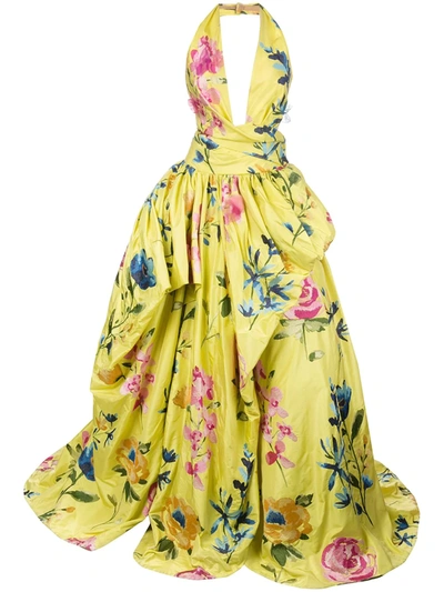 Marchesa Floral-embroidered Taffetta Halterneck Gown In Yellow