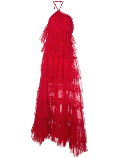 Alexis Justina Tiered Tulle Halterneck Gown In Red