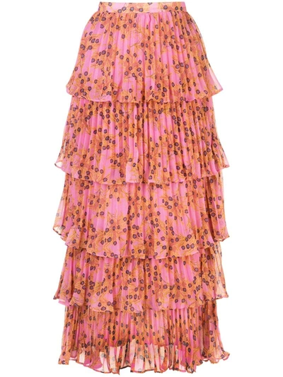 Alexis Fleura Printed Pleated Georgette Midi Skirt In Pink