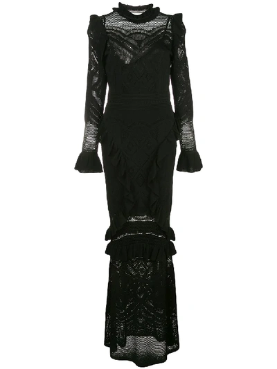 Alexis Ceecee Tiered Pointelle-knit Gown In Black