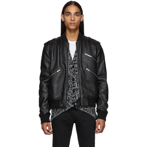 Saint Laurent Leather Bomber Jacket With Multiple Zippers In 1000 