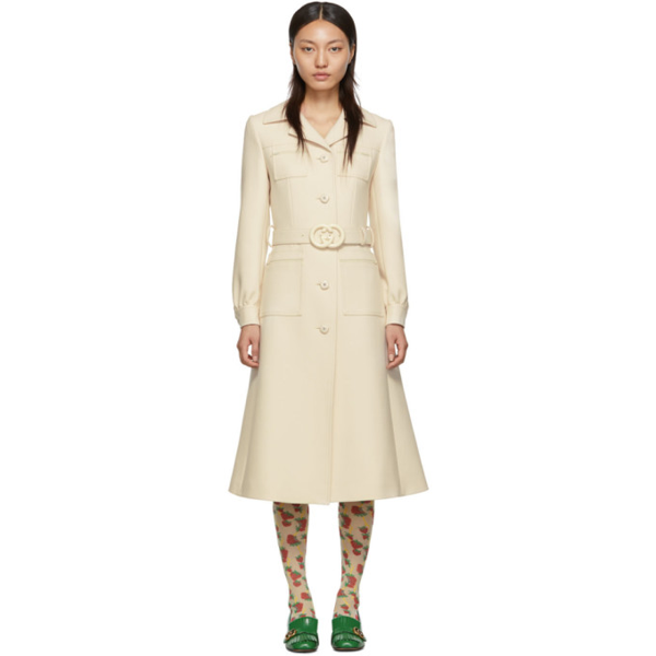 Gucci Interlocking-g Belt Wool Coat In Ivory | ModeSens