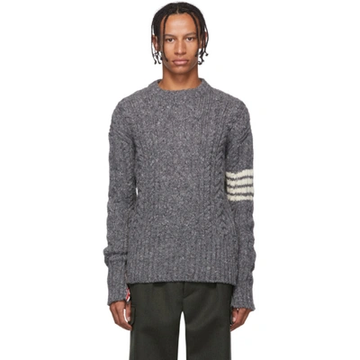 Thom Browne Aran Cable 4 Bar Donegal Crew Knit In Grey