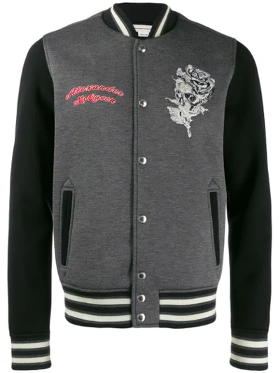 Alexander Mcqueen Floral Skull Embroidered Bomber Jacket In Grey,black