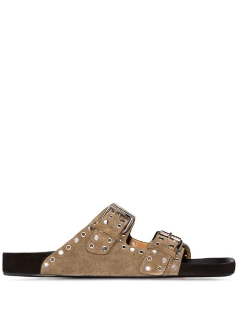 Isabel Marant Lennyo Double-strap Eyelet Suede Slides In Neutrals | ModeSens