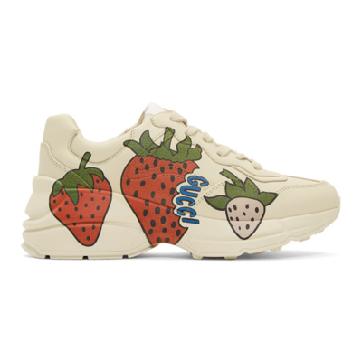 Gucci Rhyton Strawberry-print Leather Trainers In Red