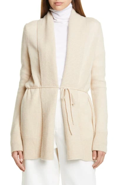 Vince Rib-front Wool Cardigan With Waist Tie In Heather Oat