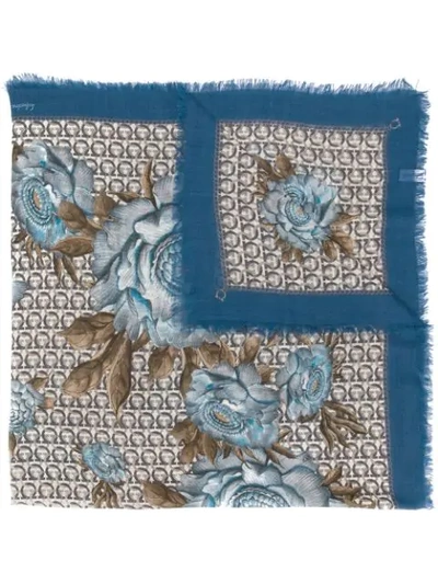 Ferragamo Gancini Peonies Wool Scarf In Blue