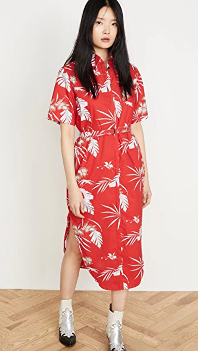 Paco Rabanne Belted Printed Cotton-poplin Midi Dress In Red