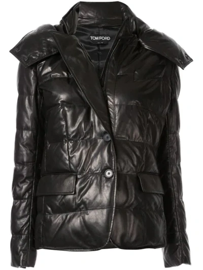 Tom Ford Hooded Quilted Leather Down Jacket In Black