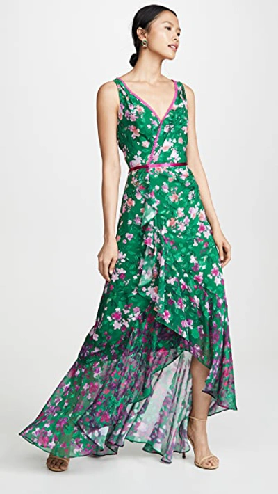 Marchesa Notte Floral High Low Gown In Emerald