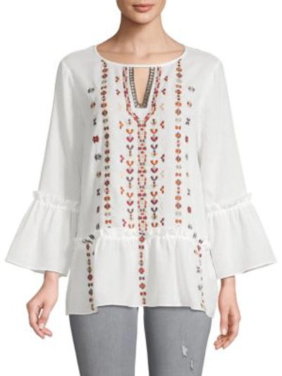 Laundry By Shelli Segal Embroidered Boho Cotton Top In White