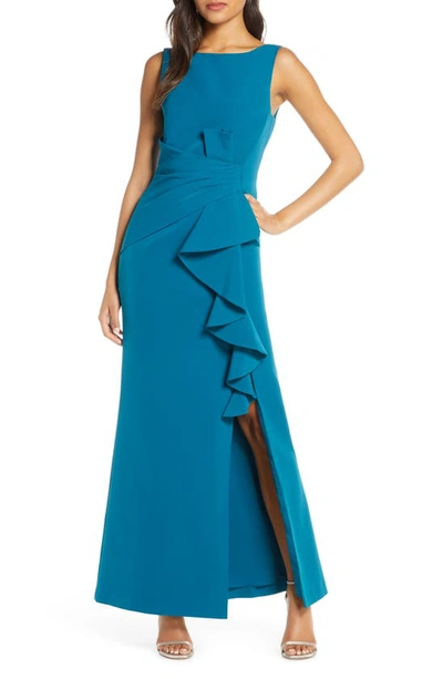 Eliza J Sleeveless Cascading-ruffle Gown In Blue