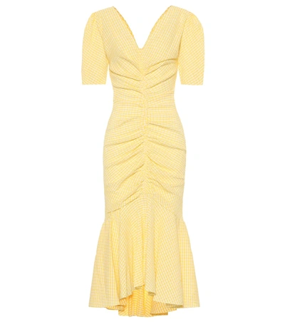 Staud Panier Ruched Gingham Seersucker Midi Dress In Yellow Gingham