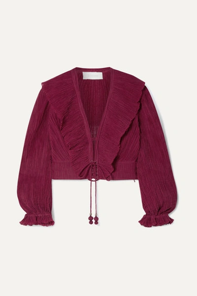 Zimmermann Suraya Ruffled Lace-up Crinkled Ramie And Cotton-blend Top In Burgundy