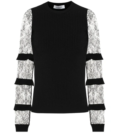 Valentino Ruffle-trimmed Lace And Ribbed-knit Sweater In Black