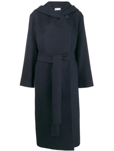 The Row Riona Oversized Hooded Belted Cotton And Wool-blend Coat In Blue