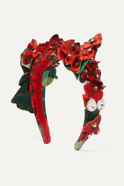 Dolce & Gabbana Portofino Embellished Appliquéd Floral-print Cotton Headband In Red