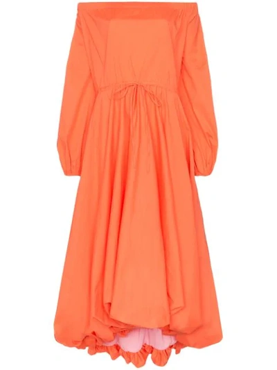 Staud Puffball Stretch-cotton Poplin Bardot Dress In Orange