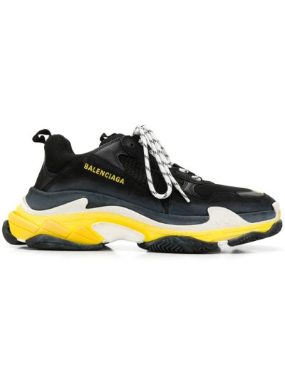 Balenciaga Men's Triple S Mesh & Leather Sneakers, Black/yellow In Black / Yellow