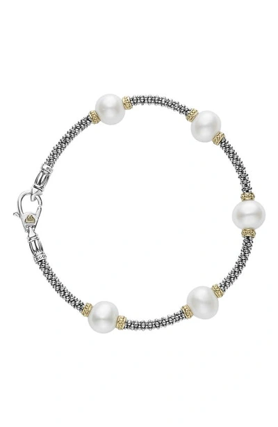 Lagos Sterling Silver & 18k Yellow Gold Luna Cultured Freshwater Pearl Station Bracelet In White/mutli