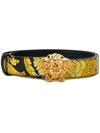 Versace Black La Medusa Hibiscus Print Leather Belt In Gold