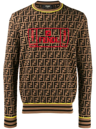 Fendi Ff Embroidered Crewneck Sweater In Tabacco+bacca