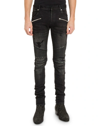 Balmain Men's Slim Ribbed Zip-pocket Jeans In Black