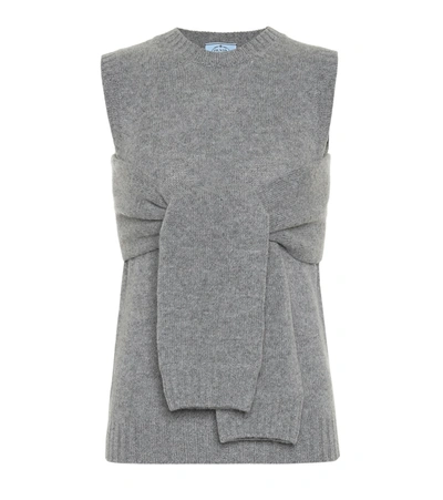 Prada Cashmere-wool Sleeveless Sweater W/ Sleeve Ties In Grey