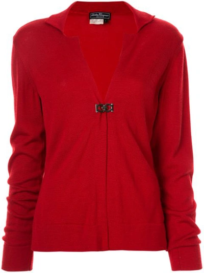Pre-owned Ferragamo V-neck Long Sleeve Cardigan In Red