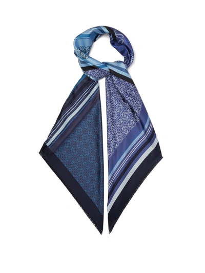 Loewe Anagram Patchwork-print Silk-twill Scarf In Blue