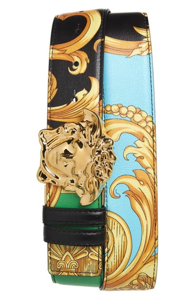 Versace Men's Barocco-print Leather Belt With Medusa Buckle In Green/ Light Blue/ Multi/ Gold