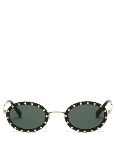 Valentino Crystal-embellished Oval-frame Sunglasses In Green Classic