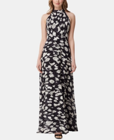 Tahari Animal Print Halter Neck Gown In Black/cream Animal