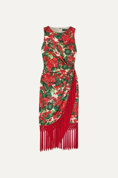 Dolce & Gabbana Tasseled Floral-print Silk-blend Faille Dress In Red