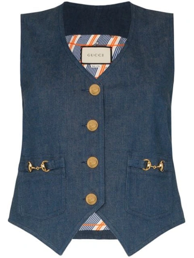 Gucci V-neck Horesbit Denim Waistcoat In Blue