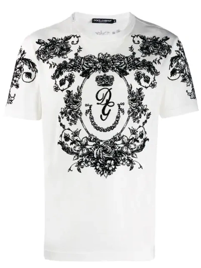 Dolce & Gabbana Flocked Rose And Monogram-roundel Cotton T-shirt In White