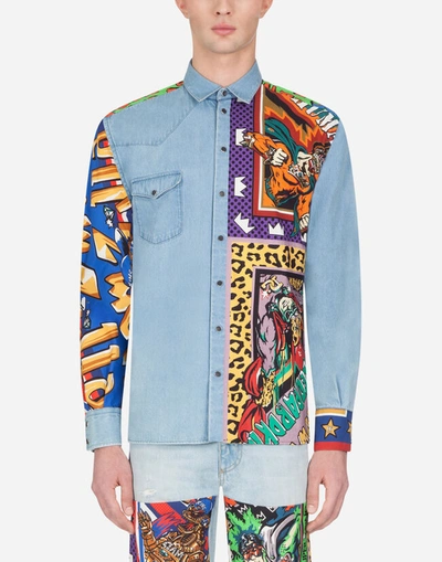 Dolce & Gabbana Denim Shirt With Printed Cotton Inserts In Light Blue