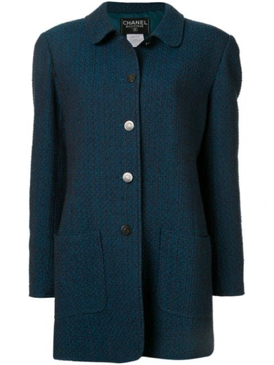 Pre-owned Chanel Slim Tweed Coat In Blue