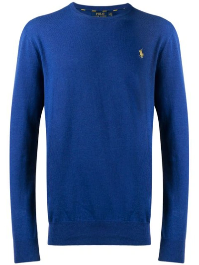 Polo Ralph Lauren Contrasting Embroidered Logo Knitted Jumper In Blue